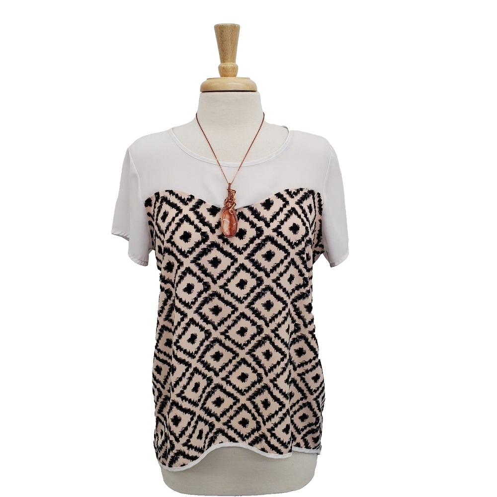 Womens M Black White Aztec Geometric Blouse Sheer Overlay Boho Festival Top